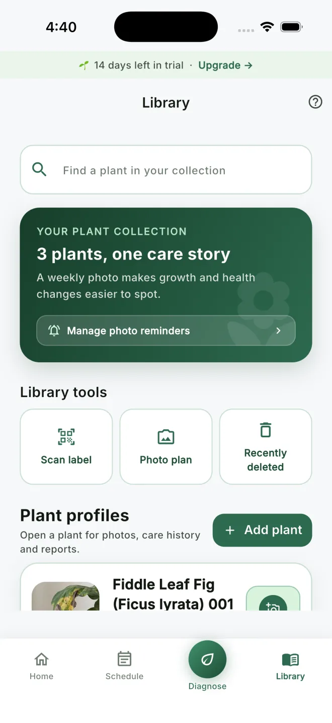 A plant library with care history and reminders