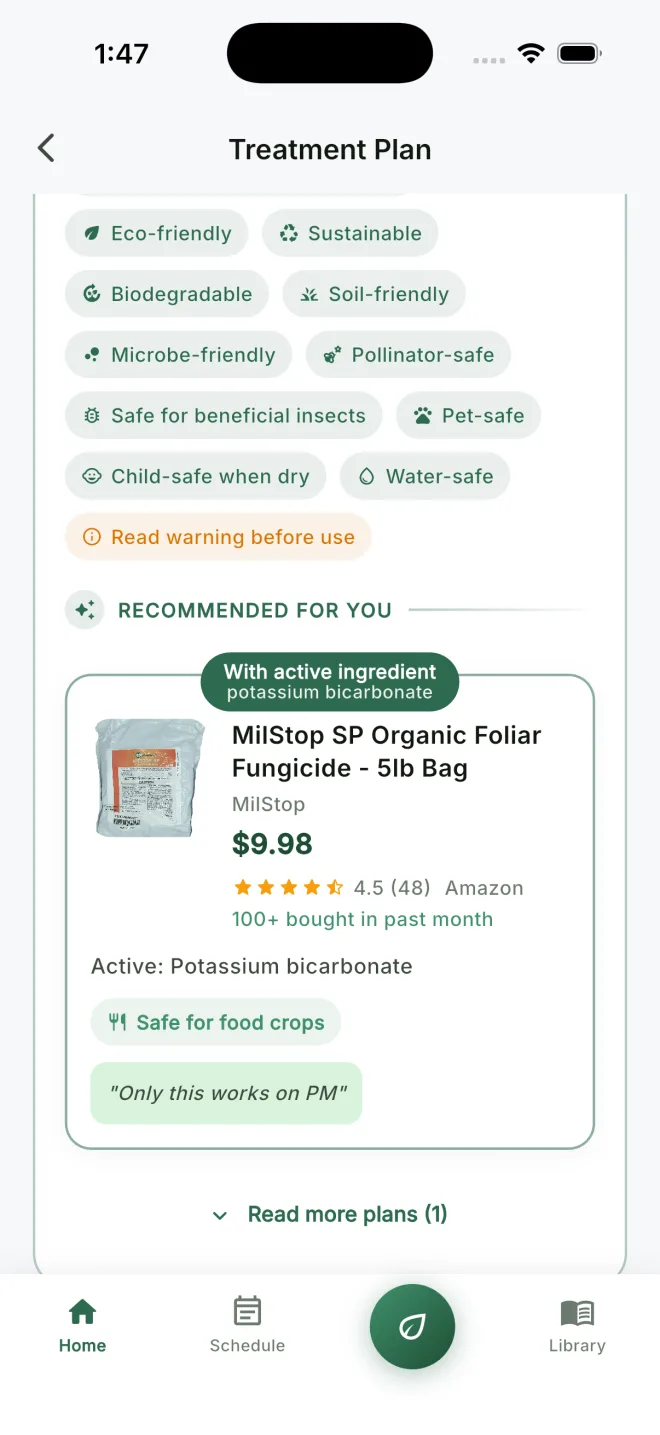 Products matched to the diagnosed plant problem