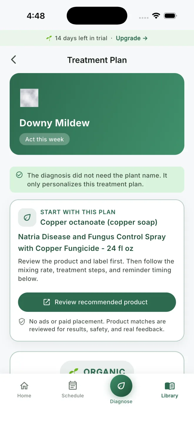 A current CureMyPlants treatment plan