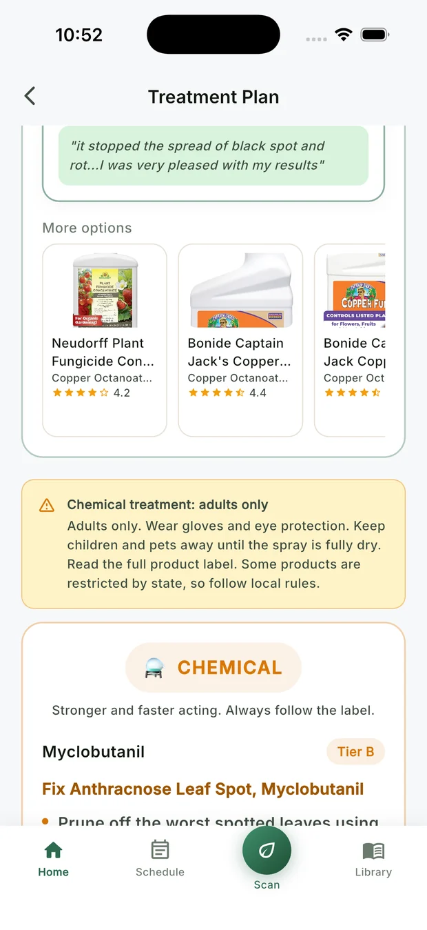The CureMyPlants treatment plan for anthracnose, showing the recommended product with a mixing rate and steps in order