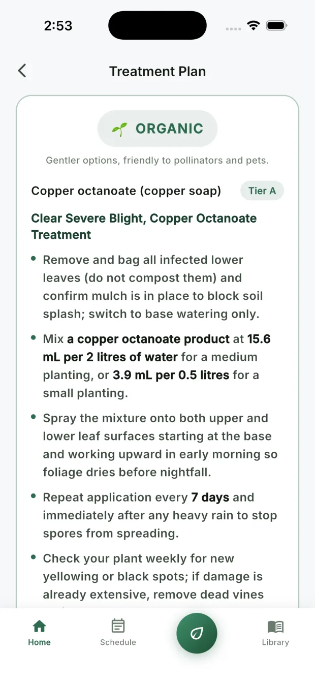 The CureMyPlants treatment plan for tomato blight showing the exact product and mixing rate