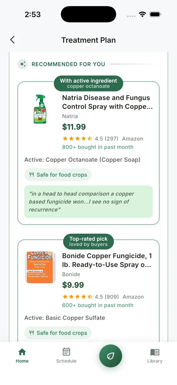 The CureMyPlants app showing the organic copper treatment plan for a tomato leaf disease
