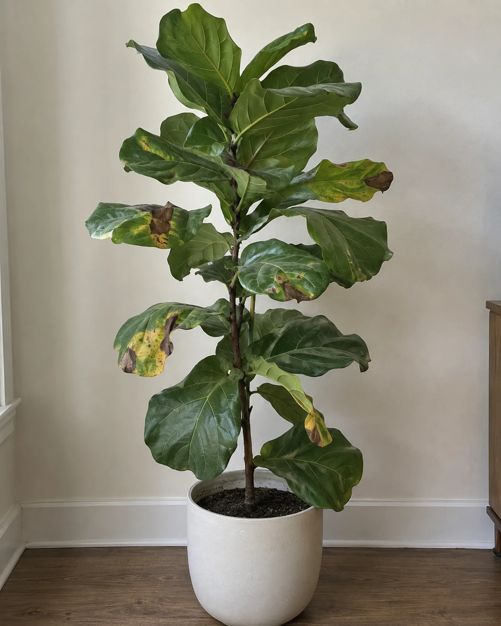 A fiddle leaf fig with brown necrotic leaf spots ringed in yellow, the sign of anthracnose