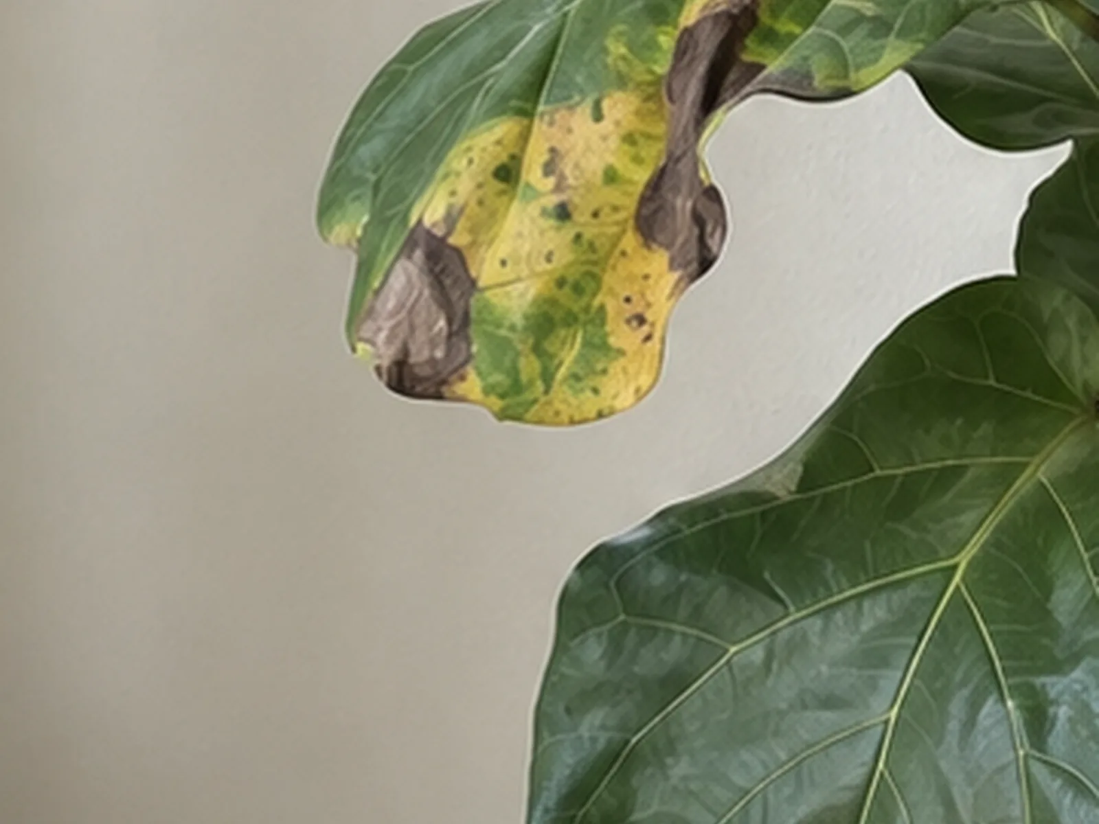Close-up of a single fiddle leaf fig leaf showing a brown anthracnose lesion with a distinct yellow halo and a papery tan centre