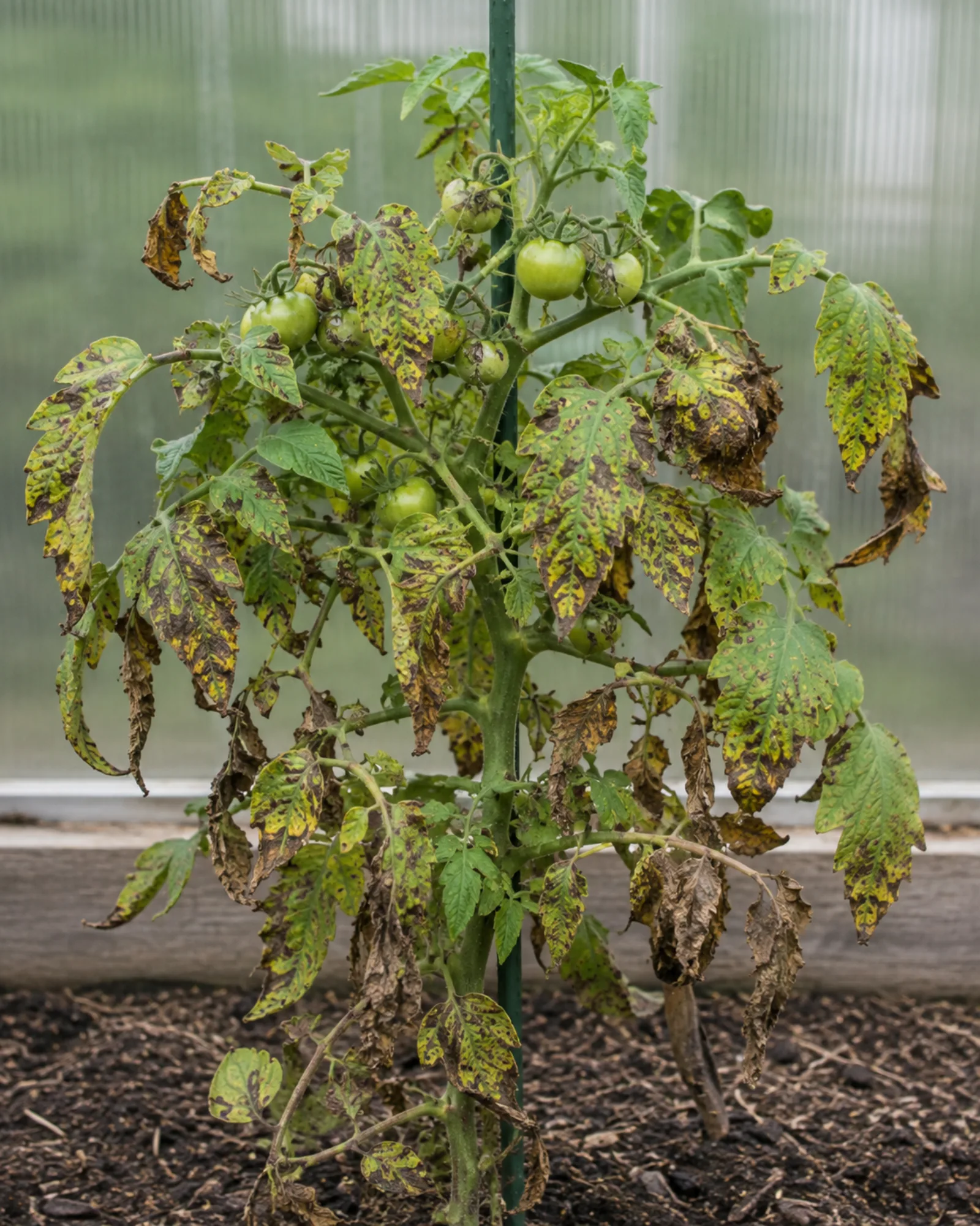 Tomato leaves showing the brown blotches and blight of a diseased tomato plant