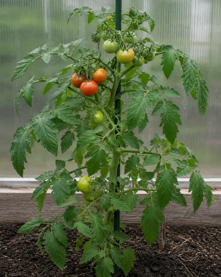 The same tomato plant healthy and fruiting